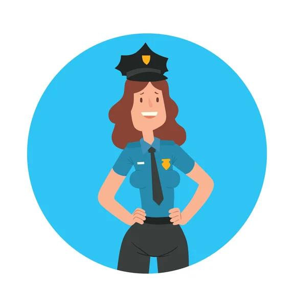 Marco azul redondo, mujer oficial de policía con cabello castaño ondulado — Archivo Imágenes Vectoriales