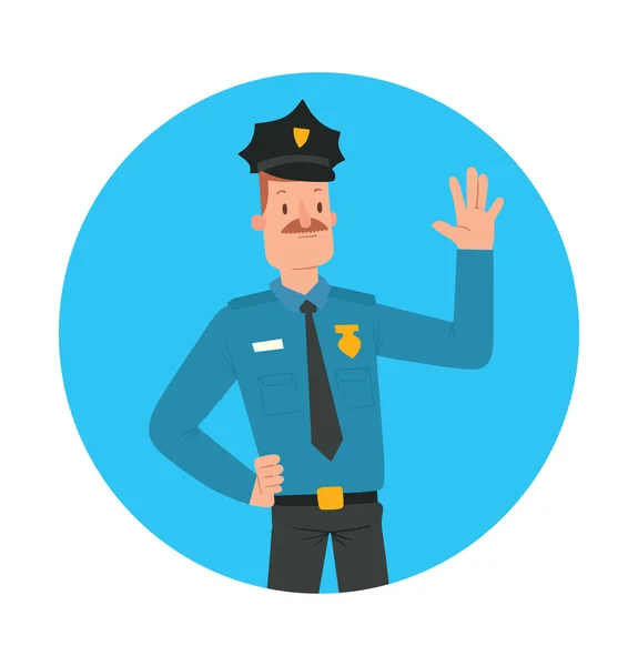 Marco azul redondo, policía hombre con pelo castaño, bigote — Vector de stock