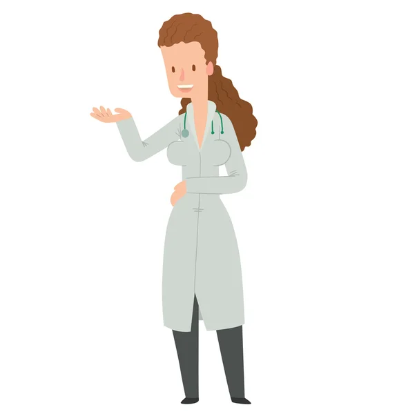 Médico mujer con cabello castaño ondulado largo — Vector de stock