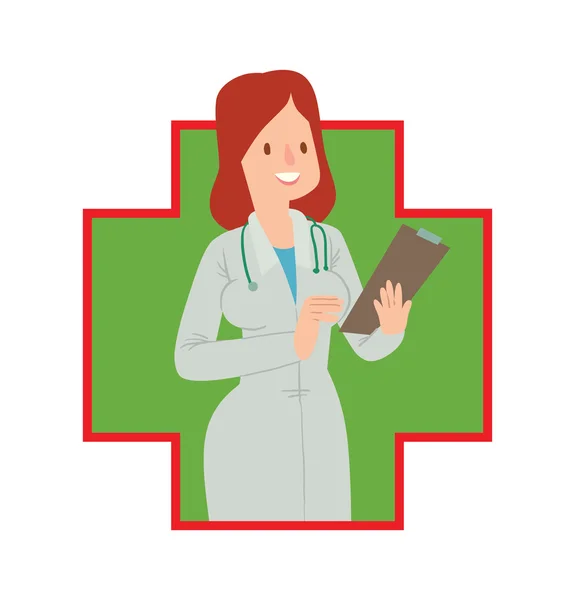 Зелено-червона рамка, жінка-лікар з рудим волоссям — стоковий вектор