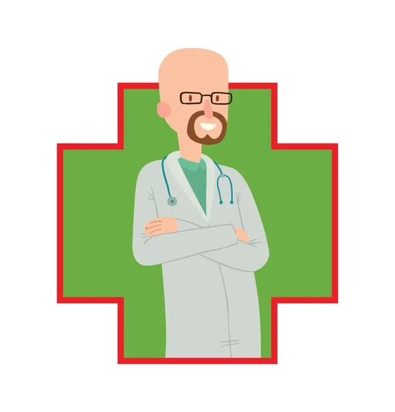 Зелено-червона рамка, лисий чоловік лікар з бородою — стоковий вектор
