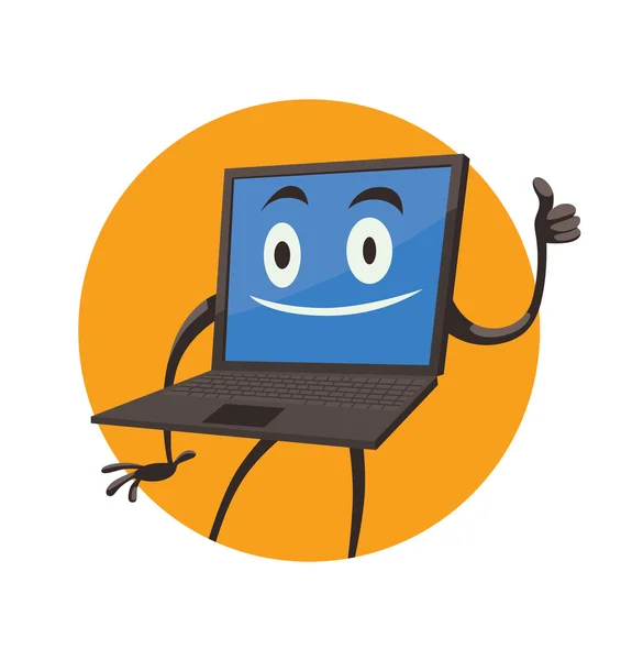Moldura laranja redonda, laptop com expressão contente em seu rosto — Vetor de Stock