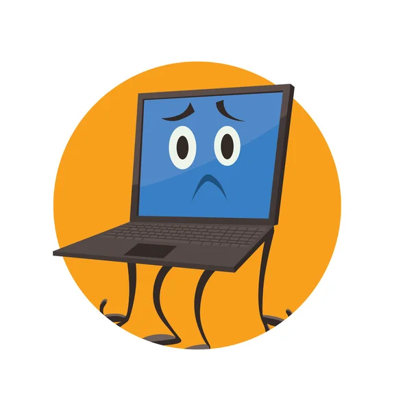 Cadre rond orange, ordinateur portable avec une expression offensée sur son visage — Image vectorielle