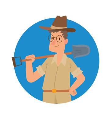 Yuvarlak mavi çerçeve, kürekile arkeolog adam