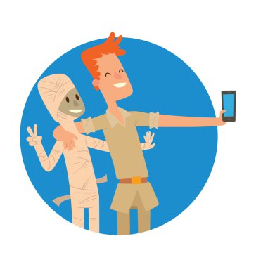 Yuvarlak mavi çerçeve, bir mumya ile selfie yapan arkeolog adam