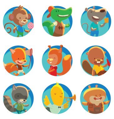 Dokuz küçük sevimli hayvanlar ile yuvarlak mavi çerçeveler seti