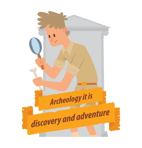 Emblem, archaeologist man with a magnifying glass — Stock Vector