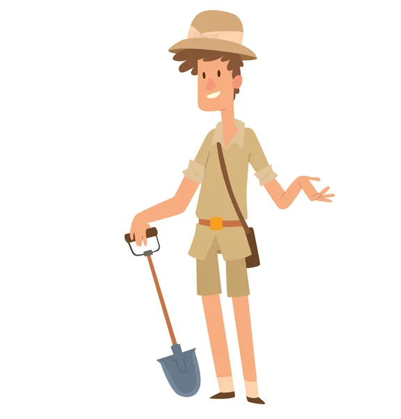 Archaeologist young man with a shovel — Stock Vector