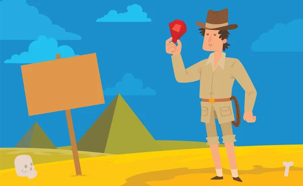 Κάρτα, αρχαιολόγος άνθρωπος με ένα κόκκινο κόσμημα — Διανυσματικό Αρχείο