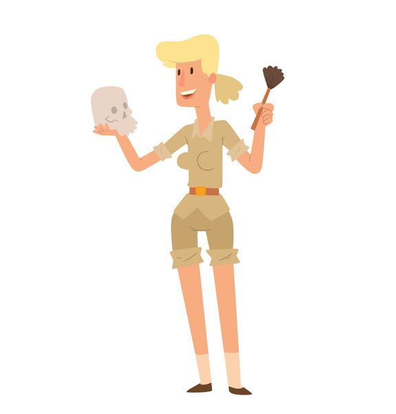 Archaeologist woman with skull and brush