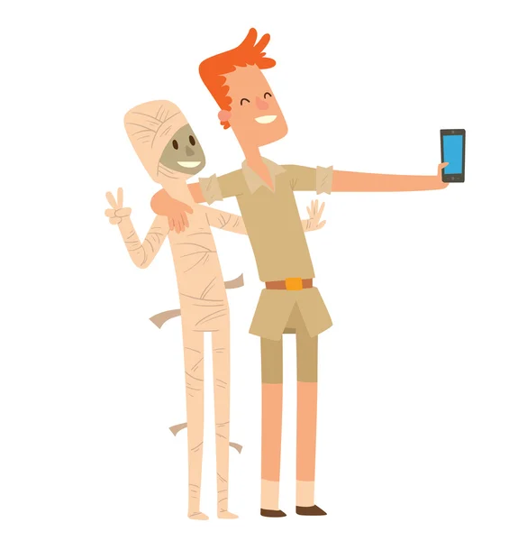 Archeoloog man doet selfie met een mummie — Stockvector