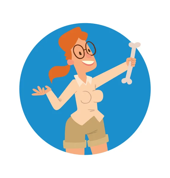 Cornice rotonda blu, archeologa donna con un osso — Vettoriale Stock