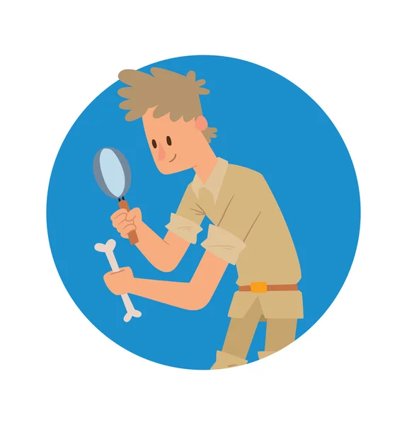 Round blue frame, archaeologist man with a magnifying glass — Stock Vector