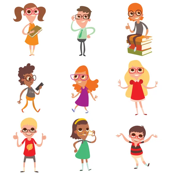 Gözlüklü dokuz sevimli küçük erkek ve kız seti