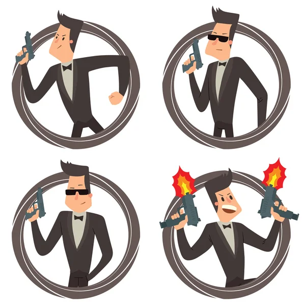 Set of four black round frames with funny super agents — Stock Vector