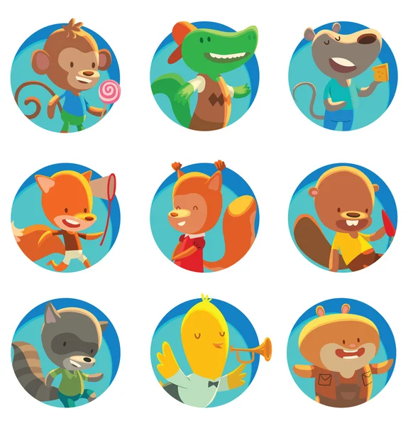 Dokuz küçük sevimli hayvanlar ile yuvarlak mavi çerçeveler seti