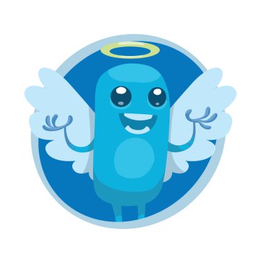 Yuvarlak kare, komik ışık mavi melek ayakta ve gülümseyen