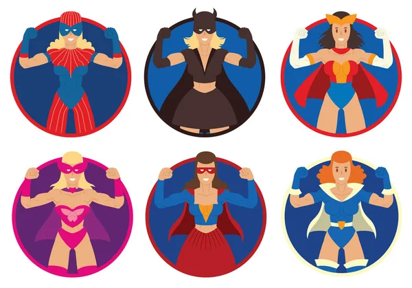 Reihe von runden Rahmen mit weiblichen Superhelden — Stockvektor
