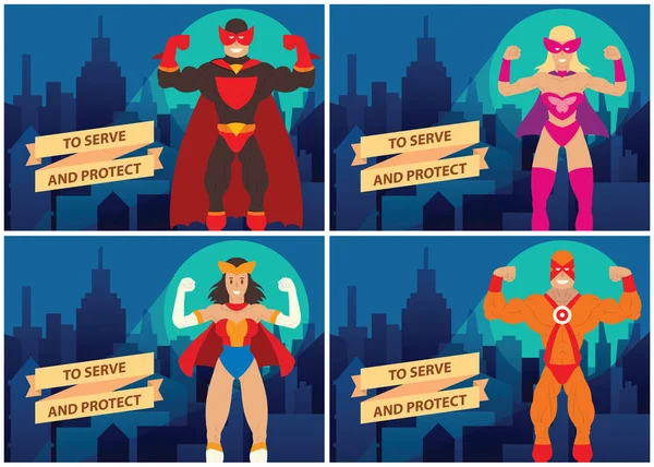 Zestaw czterech kart z mężczyzn i kobiet superbohaterów — Wektor stockowy