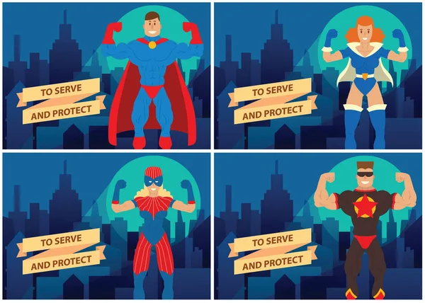 Uppsättning kort med män och kvinnor superhjältar — Stock vektor