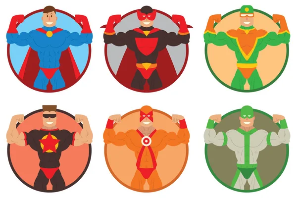 Conjunto de marcos redondos con hombres musculosos superhéroes — Vector de stock