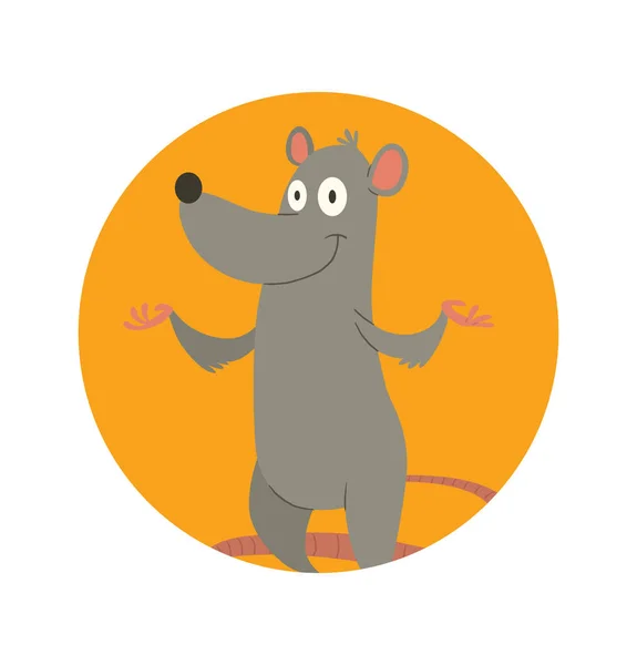 Cadre rond orange, drôle de rat gris debout et souriant — Image vectorielle