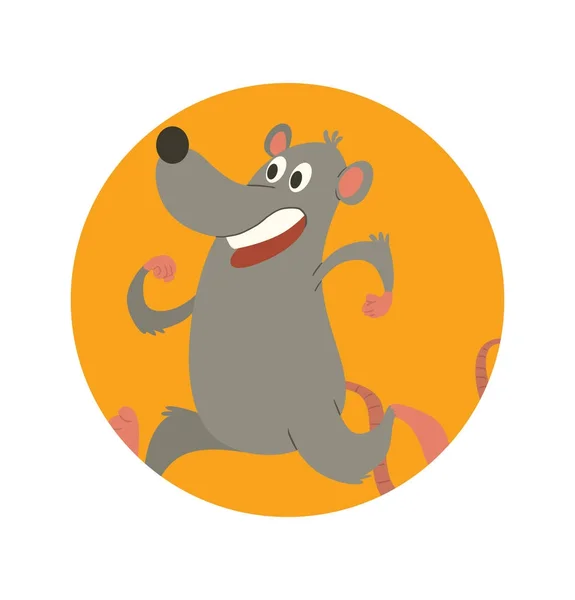 Marco naranja redondo, rata gris divertida corriendo en algún lugar — Vector de stock