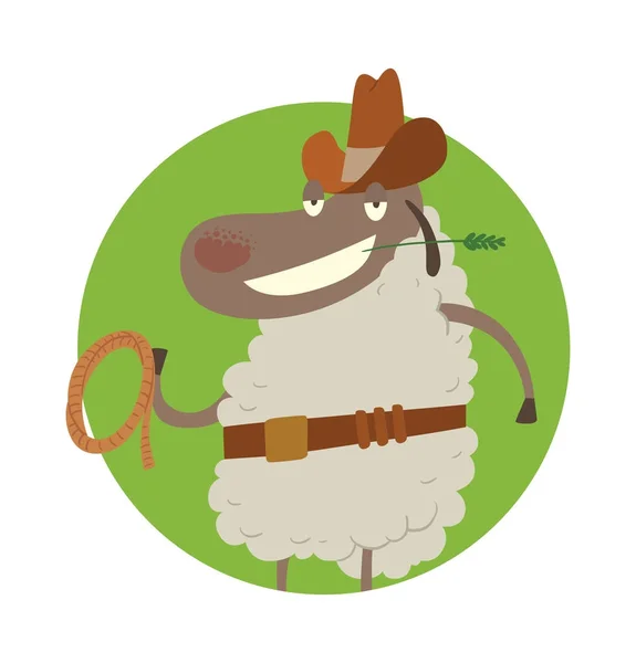 Round green frame, funny sheep with a lasso — Stock Vector