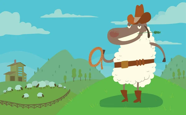 Card, funny sheep with a lasso — Stock Vector