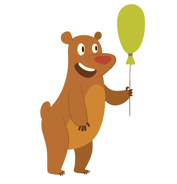 Söt brun Björn med en grön ballong — Stock vektor