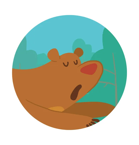 라운드 프레임, 그의 배꼽에 누워 귀여운 갈색 곰 — 스톡 벡터