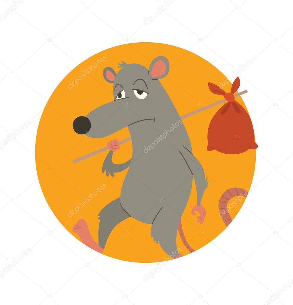 Round orange frame, funny gray rat with a knapsack