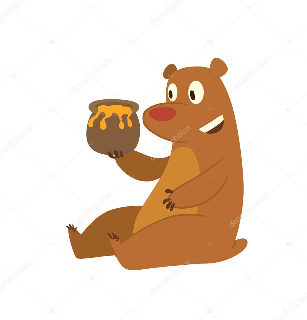 Cute brown bear with a pot of honey