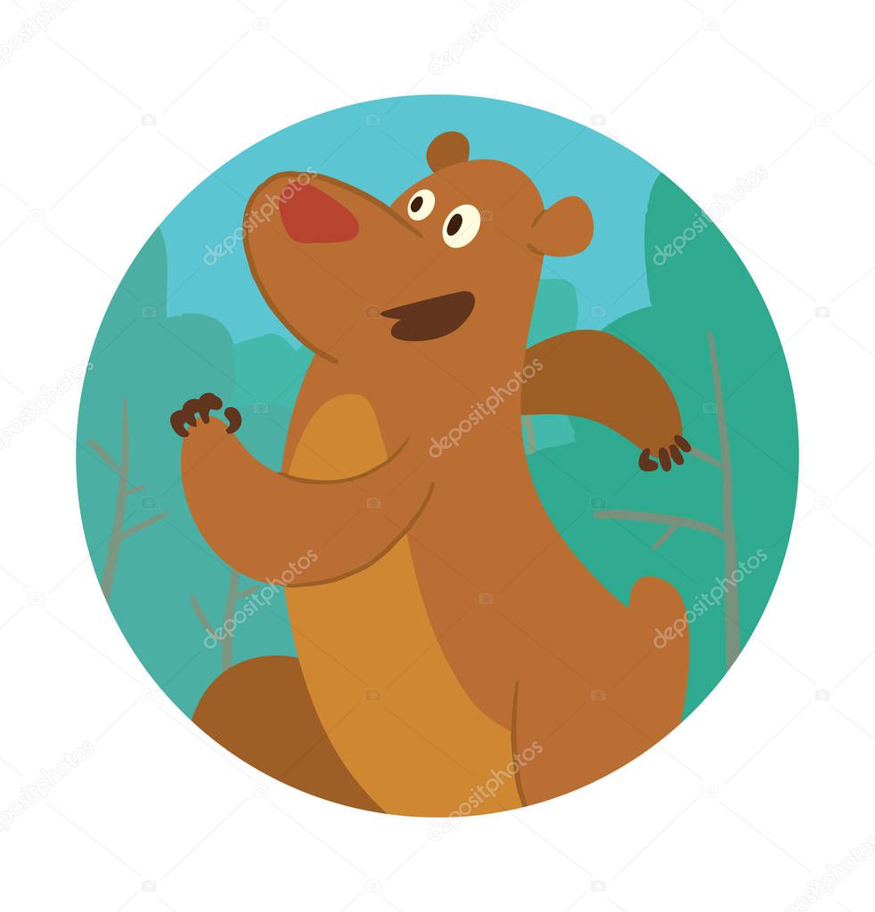 Round frame, cute brown bear running somewhere