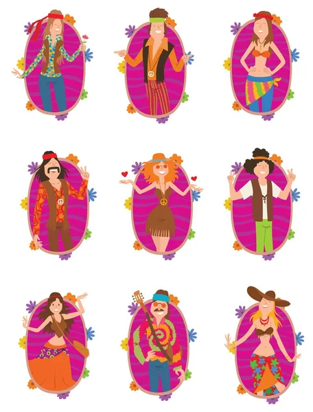 Conjunto de marcos ovalados rosas con gente hippie — Archivo Imágenes Vectoriales