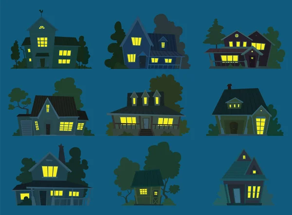 Conjunto de casas lindas sobre un fondo de noche azul oscuro — Archivo Imágenes Vectoriales