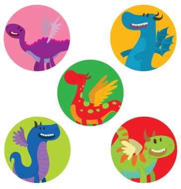 Komik ejderha ile beş yuvarlak kare kümesi