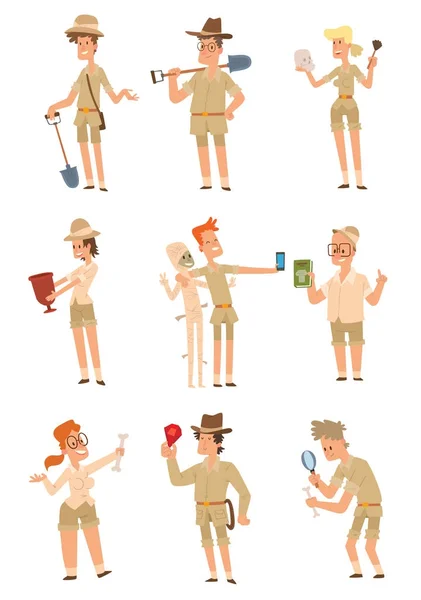 Set of archaeologists men and women — Stock Vector