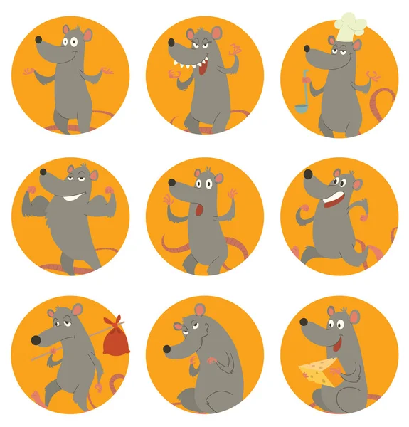Conjunto de quadros redondos com ratos cinzentos engraçados —  Vetores de Stock