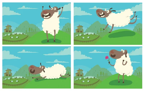 Ensemble de quatre cartes avec des moutons drôles — Image vectorielle