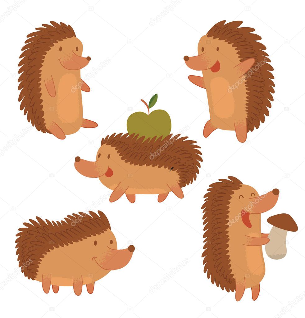 Set of funny five brown hedgehogs