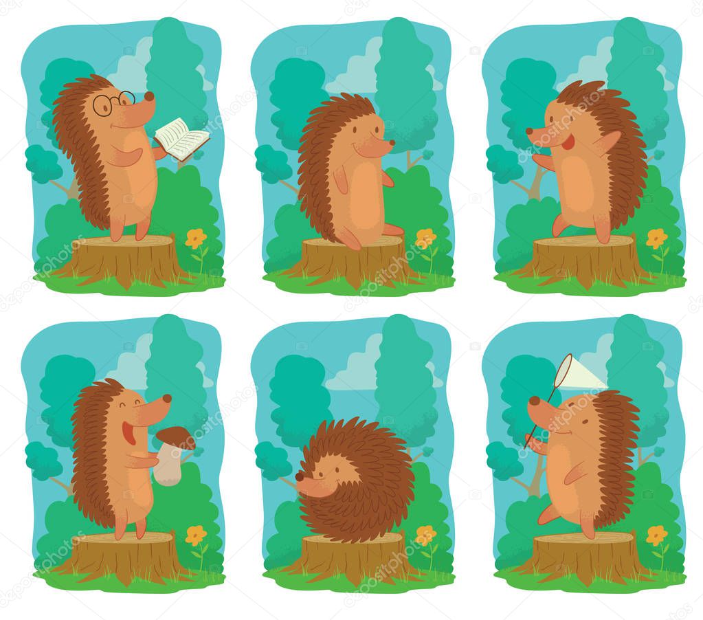 Set of six cards with funny brown hedgehogs