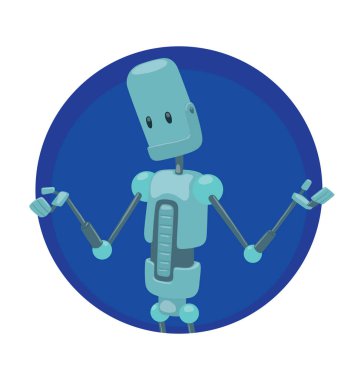 Yuvarlak kare, komik ışık mavi robot ayakta ve gülümseyen