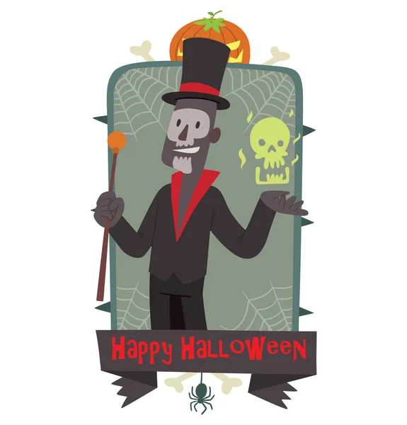 Emblem Happy Halloween, Baron Samedi with a green skull — Stock Vector