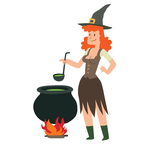 Funny witch with a big black cauldron — Stock Vector