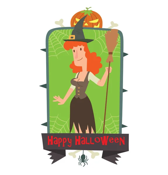 Emblem fröhliches Halloween, lustige Hexe mit Besenstiel — Stockvektor