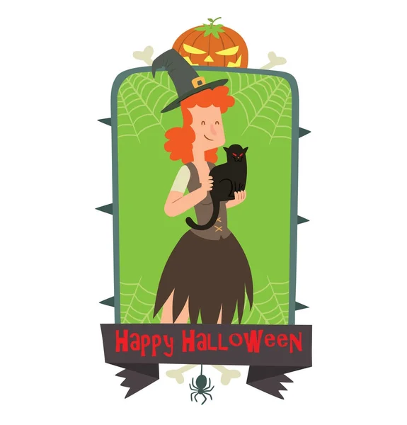 Emblem happy halloween, lustige Hexe mit schwarzer Katze — Stockvektor