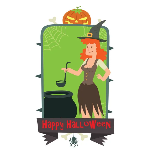 Emblem happy halloween, lustige Hexe mit schwarzem Hexenkessel — Stockvektor