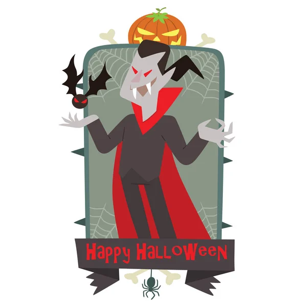 Emblem happy halloween, lustiger Vampir mit schwarzer Fledermaus — Stockvektor