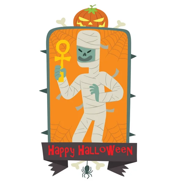 Emblem happy halloween, lustige Mumie mit gelbem Knöchel — Stockvektor
